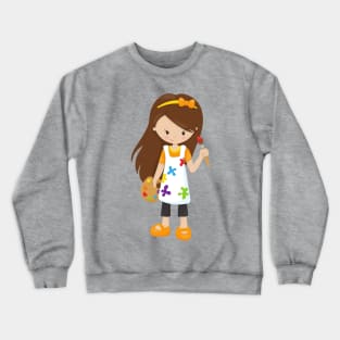 Painter, Paint Artist, Cute Girl, Brown Hair Crewneck Sweatshirt